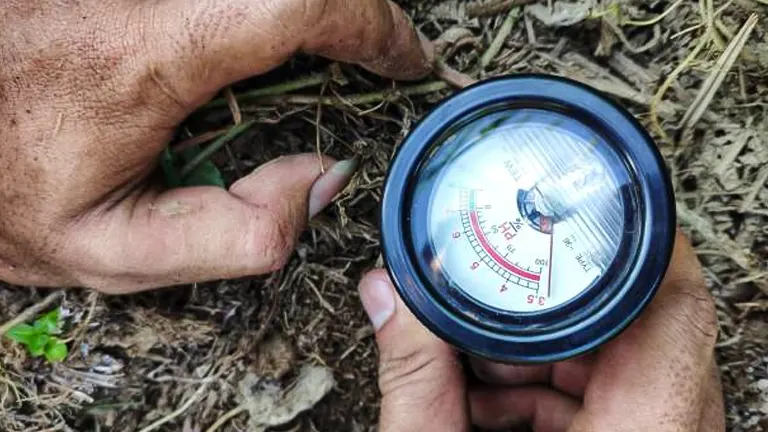 Close-up of a person's hands holding a compass near the soil in a garden to determine direction.