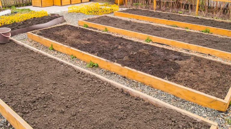 An organized garden with multiple raised beds filled with dark soil, bordered by wooden frames, in a backyard setting.