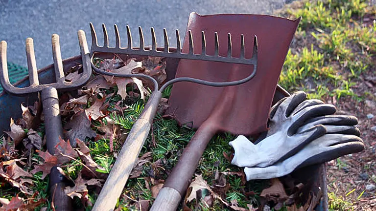 Gardening tools, including a rake and a shovel, along with a pair of gloves, resting on a pile of autumn leaves.