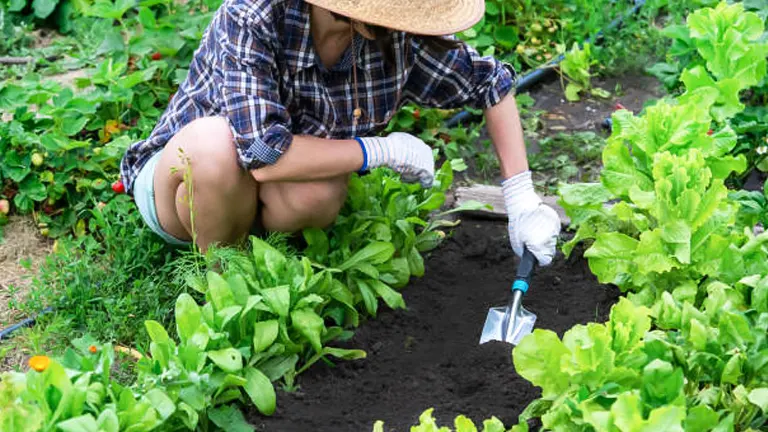 A woman in a straw hat and gloves gardening with a trowel among rows of lush green lettuce and spinach in a vegetable garden.