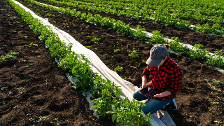 A farmer in a red plaid shirt and cap tending to a row of young tomato plants in a large agricultural field, with rows of crops extending into the distance under a clear sky.
