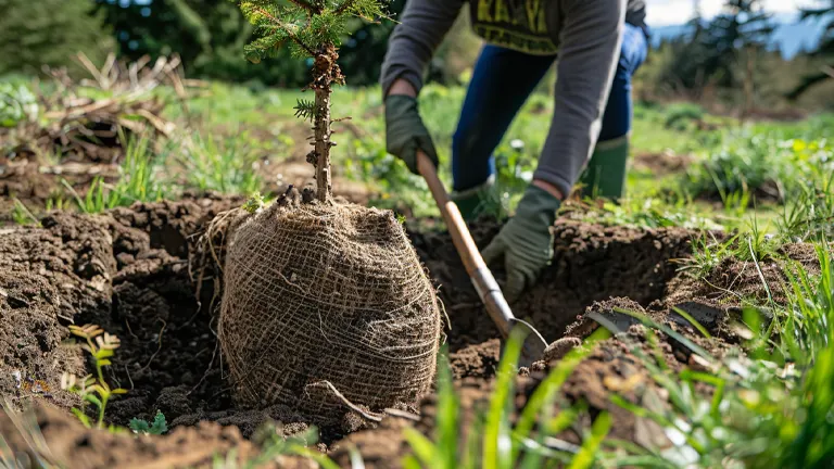 A person wearing gloves and a hat digs a hole in the soil to plant a small burlapped tree. The tree's root ball is securely wrapped in burlap. The scene is set in a lush, green area with more trees and vegetation visible in the background.

