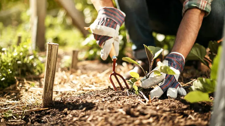 A person in gardening gloves planting a small shrub in a garden bed, using a hand rake to cultivate the soil.