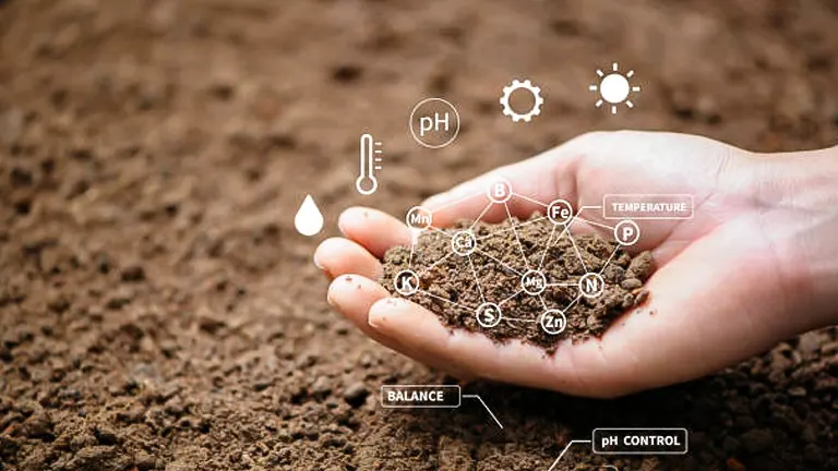 A hand holding a clump of soil with digital icons overlaid representing various soil attributes like pH, temperature, and nutrient levels such as nitrogen (N), phosphorus (P), and potassium (K).