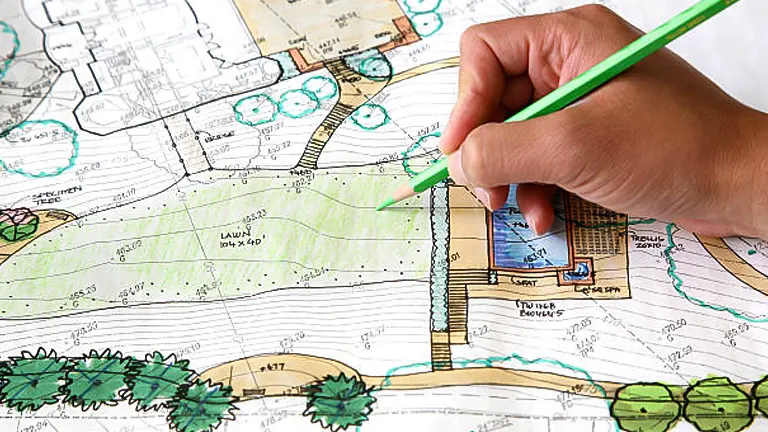 A close-up view of a hand holding a green pencil, marking on a detailed garden design plan, which includes various labeled sections such as lawns, paths, and water features.