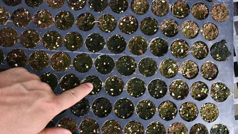 A hand pointing at a tray of seedlings, each planted in separate compartments, showing early stages of germination with small green sprouts visible.