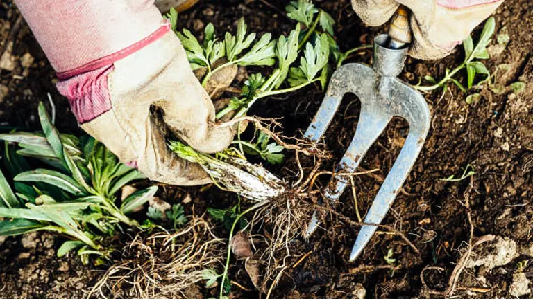 Gloved hands using a gardening fork to carefully dig up a plant, showing detailed roots and soil, indicative of transplanting or dividing a plant in a garden.