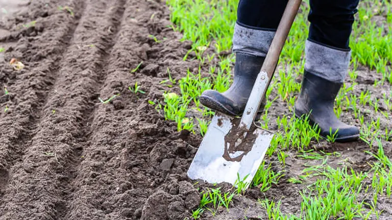 A person in rubber boots using a shovel to dig in wet, dark soil, with green grass visible around the edges of a cultivated field.