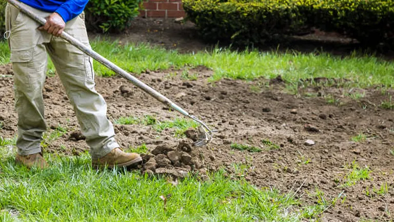 A person in a blue shirt and beige pants using a garden hoe to cultivate a patch of brown soil in a garden, with green grass and shrubbery nearby.