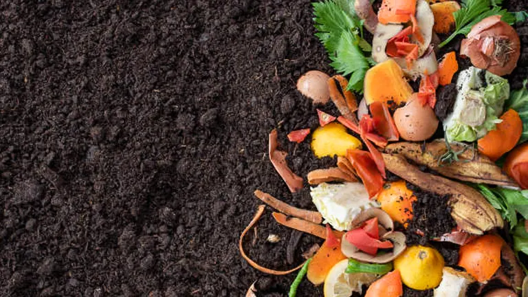 An assortment of organic waste including eggshells, vegetable peels, and fruit scraps arranged on rich, dark soil, illustrating materials suitable for composting.
