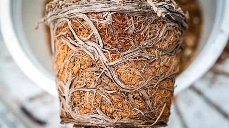 Close-up view of a heavily root-bound plant with a dense network of tangled roots visible, hanging over the edge of a pot.

