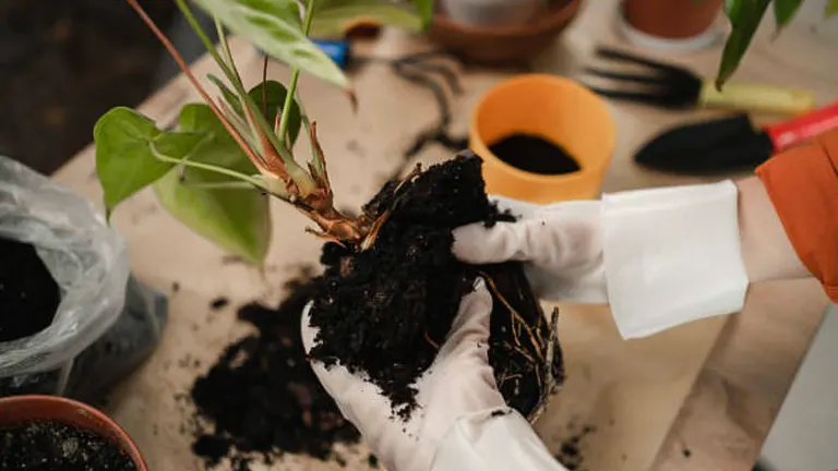 Hands in gloves carefully examining and holding a plant with exposed roots and soil during a repotting process, with gardening equipment and pots scattered around.

