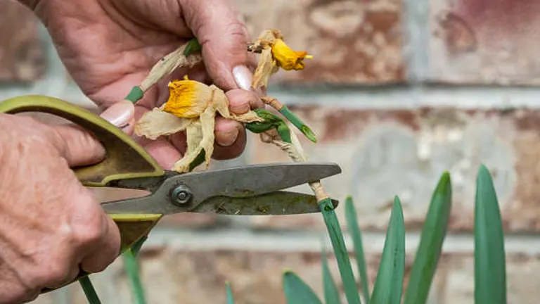 Close-up of a person's hands using shears to prune dead flowers from a daffodil plant, with a brick wall in the background.