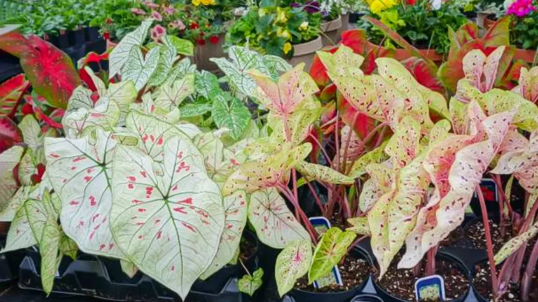 Trays of colorful caladium plants with variously patterned leaves in a garden center.
