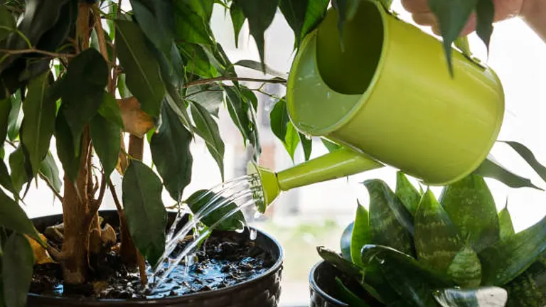 A person watering indoor plants using a green watering can, focusing on the soil of one pot surrounded by several other plants.