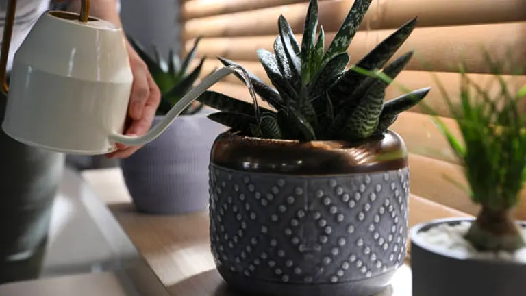 A person using a white watering can to water a succulent plant in a decorative grey pot, placed on a table near a window with blinds.