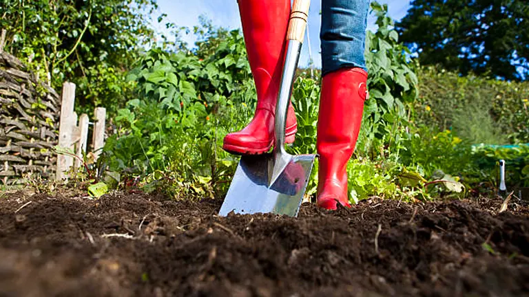 A person wearing red rubber boots uses a shovel to dig into the soil in a lush garden with a rustic fence in the background.
