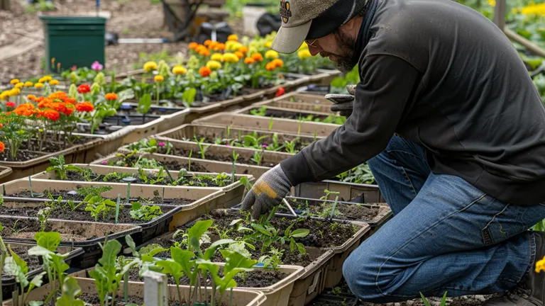 A man wearing a cap and gloves is tending to young plants in wooden trays in a garden, with colorful flowers in the background.