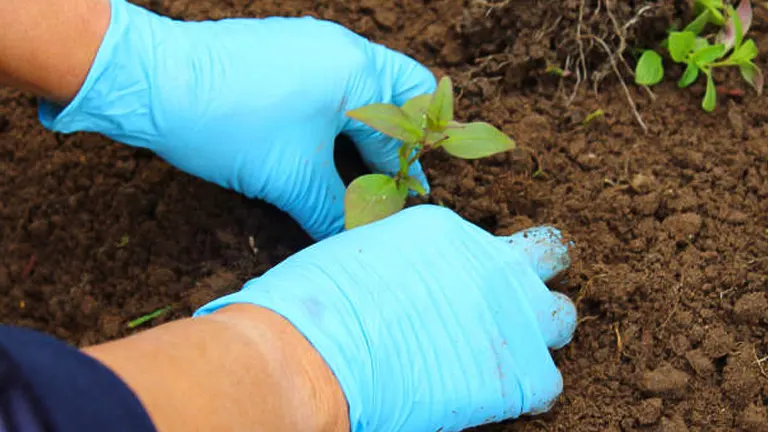 A person wearing blue gloves planting a small plant in a garden with rich, dark soil.