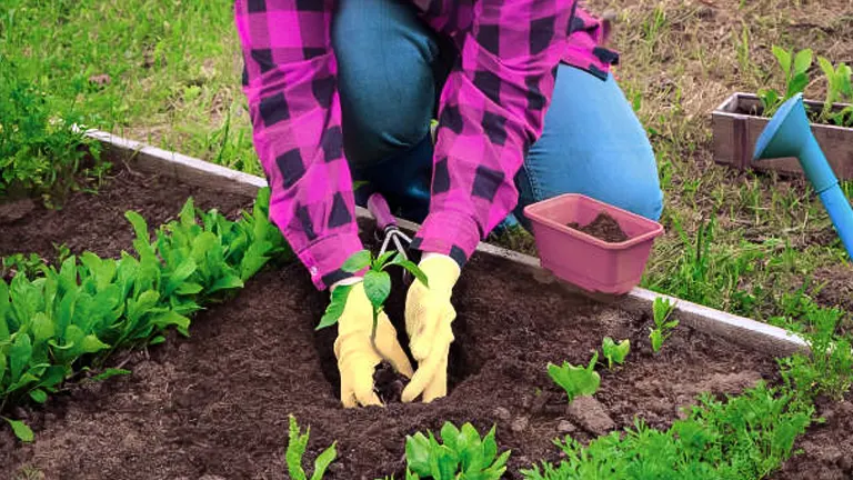 A person wearing a pink plaid shirt and yellow gloves planting a young plant in a garden bed, with tools and a container of soil nearby.
