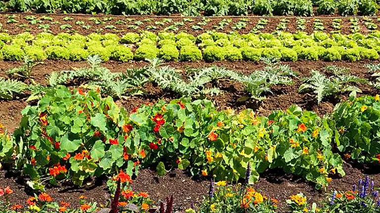 A vibrant vegetable garden featuring rows of bright green lettuce, kale, and colorful nasturtiums among other flowering plants, demonstrating a lush and diverse planting arrangement.