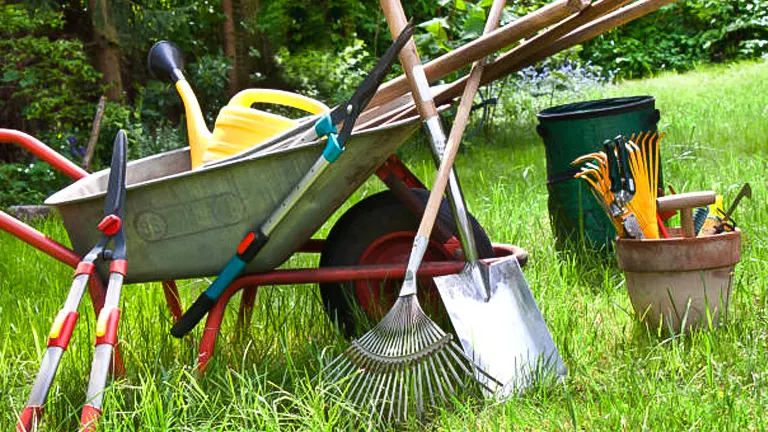 Various gardening tools including a wheelbarrow, rakes, shovels, and a watering can, arranged on a grassy area with a backdrop of lush trees.