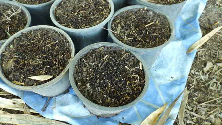 Planting pots filled with soil, arranged on a blue tarp and surrounded by dry leaves, outdoors.