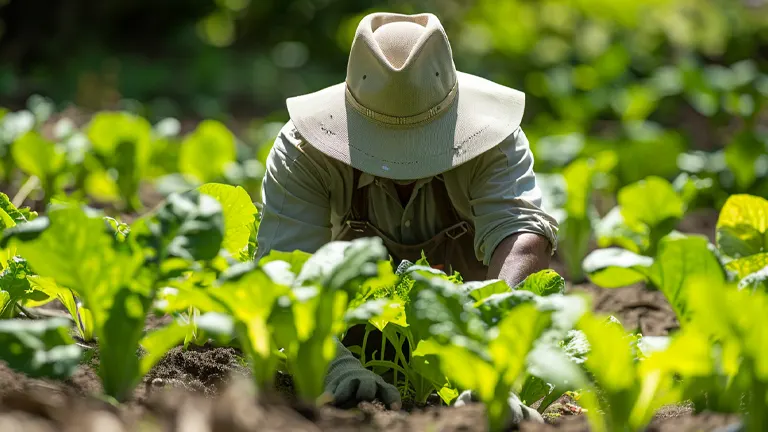 A person in a wide-brimmed hat is kneeling and working in a garden, surrounded by vibrant green vegetable plants in bright sunlight.