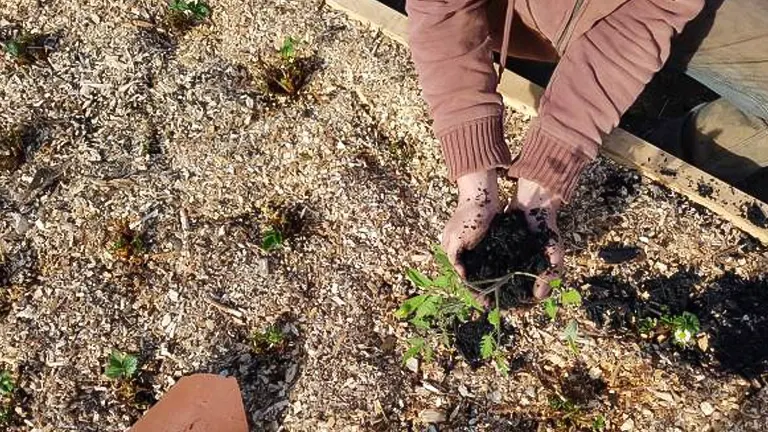 Person planting a small plant in a garden bed covered with mulch, shown from an overhead view.
