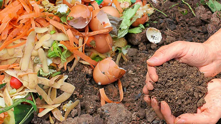 A person's hands forming a heart shape over fertile soil with various compost materials such as vegetable peels, eggshells, and fruit scraps visible on the surface, symbolizing love for sustainable gardening practices.