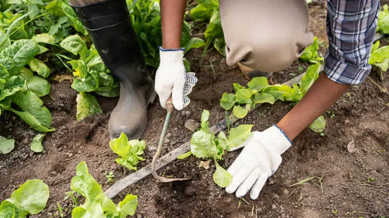 A gardener in gloves planting lettuce seedlings in fertile soil, using a small gardening trowel.