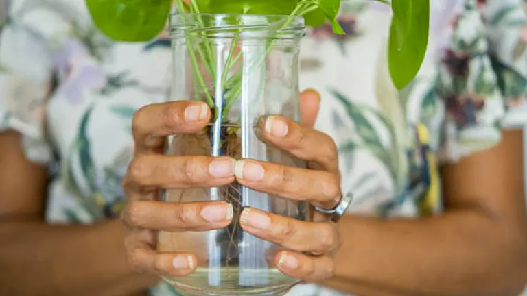 Close-up of hands holding a glass vase with a young plant and roots submerged in water.