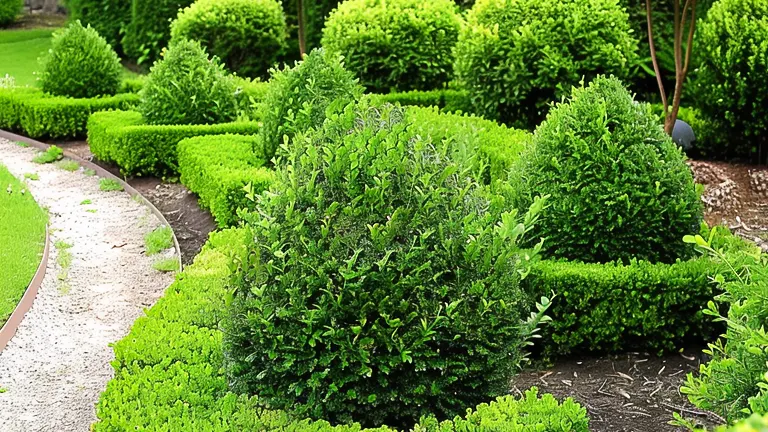 Lush green manicured shrubs of various shapes and sizes in a well-maintained garden with a curved gravel pathway.