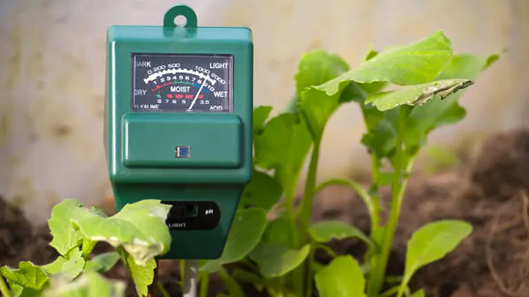 A moisture meter inserted into the soil next to young lettuce plants to measure moisture levels.