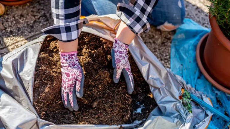Person wearing pink patterned gardening gloves mixing potting soil in a large fabric grow bag outdoors.