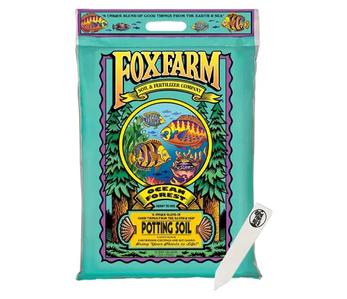 Colorful bag of FoxFarm Ocean Forest Potting Soil featuring vibrant graphics of marine and forest scenes.