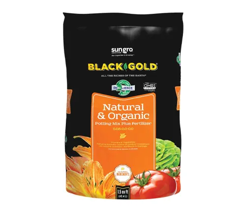 SunGro Black Gold Natural and Organic Potting Mix bag, highlighted with images of vegetables and flowers, emphasizing its organic quality.