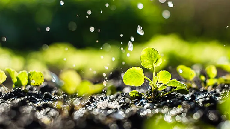 Water droplets falling onto young green plants from above, highlighted by sunlight, set against a dark soil background.