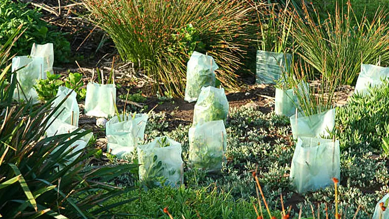 Rows of young plants in a garden, each covered with a white, translucent frost protection bag, surrounded by mature greenery.
