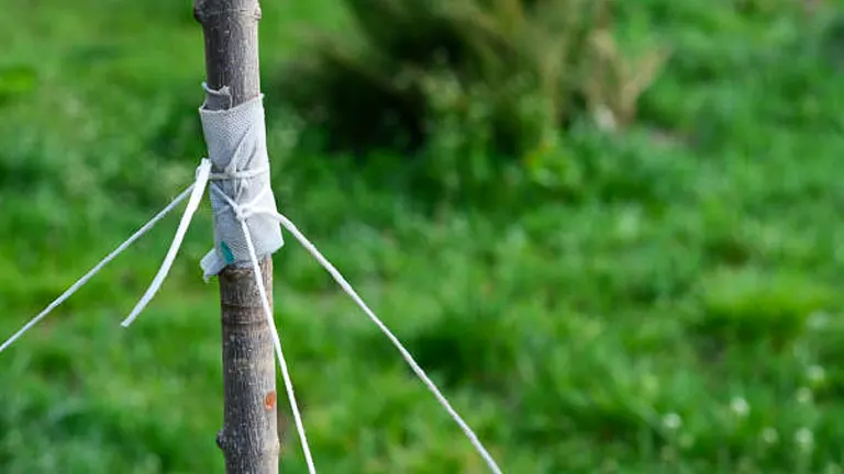 A tree trunk supported by staking with cloth and rope against a blurred green grass background.





