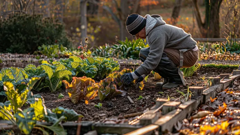 A person in a warm sweater and beanie tends to a garden of lush green and red-leafed vegetables on a chilly, sunlit morning.