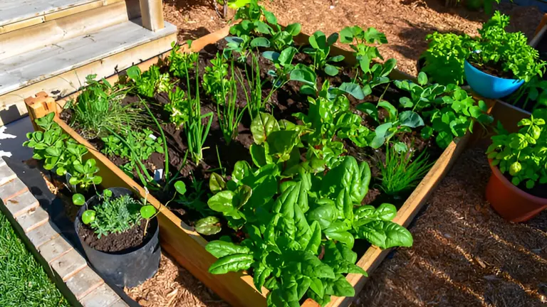 Lush green raised bed garden with various herbs and leafy vegetables.
