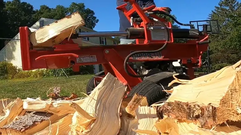 Barreto 920LSH Log Splitter actively splitting a large log with wood pieces flying in a residential yard.