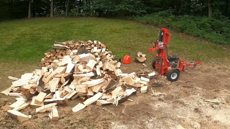 Barreto 920LSH Log Splitter next to a large pile of freshly split firewood in a grassy area.