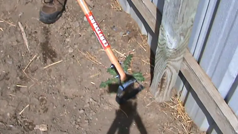 Action shot of the Craftsman 54-in Wood-Handle Action Hoe in use, demonstrating the ease of weeding in soil.
