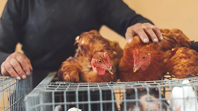 A person's hands petting two brown chickens inside a wire cage.