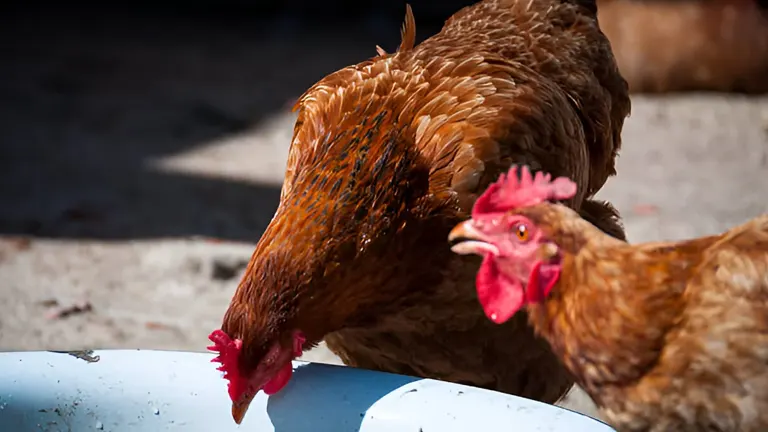Close-up of a chicken drinking water from a shallow blue bowl, with another chicken in the background.