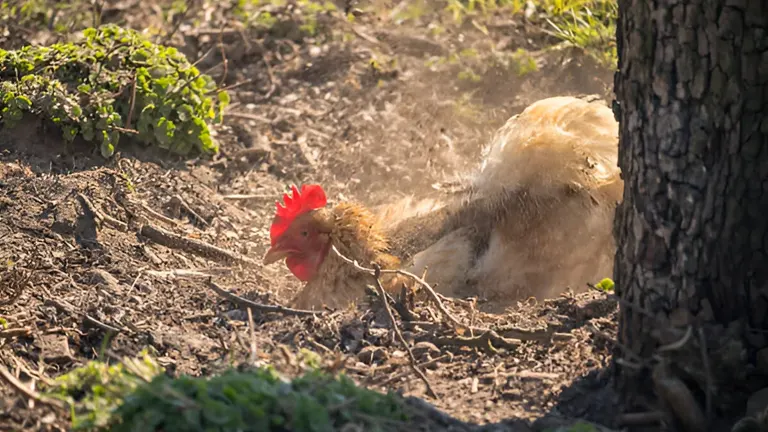 A chicken energetically dust-bathing in the dirt under a tree, with sunlight filtering through the leaves.