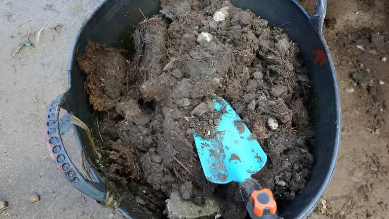A bucket filled with compost materials, including soil and organic debris, with a blue shovel inside.