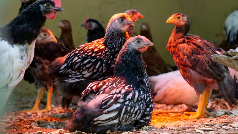 A group of young, patterned chickens in a coop, pecking at the ground.